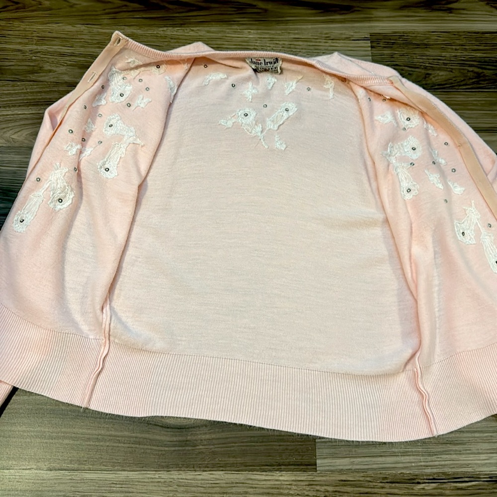 Jane Irwill Vintage Floral Pink Beaded Swarovski Faux Pearl Button Soft Cardigan - Picture 10 of 17